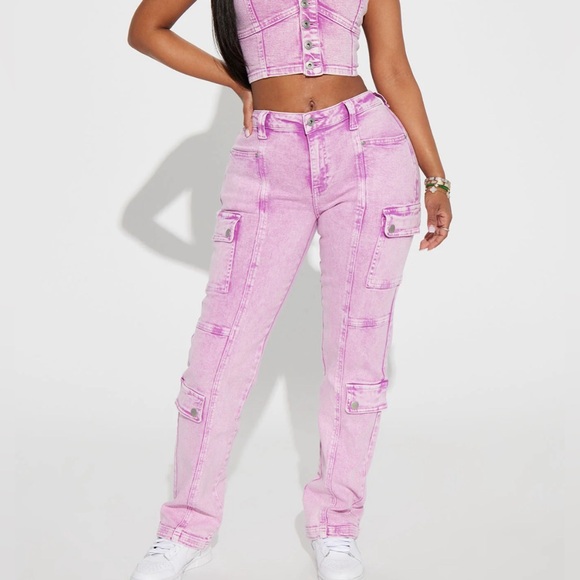 Fashion Nova Denim - Late Checkout Purple Mid Rise Cargo Jeans Size 3 Denim Pink Fashion Nova